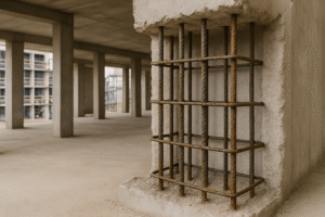 Concrete with reinforced steel bars (rebar) exposed”