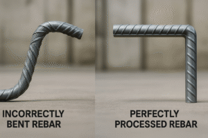 Left side: incorrectly bent rebar with wrong radius, deformities, and uneven angles.Right side: perfectly processed rebar with accurate bending, clean angles, and smooth surface.