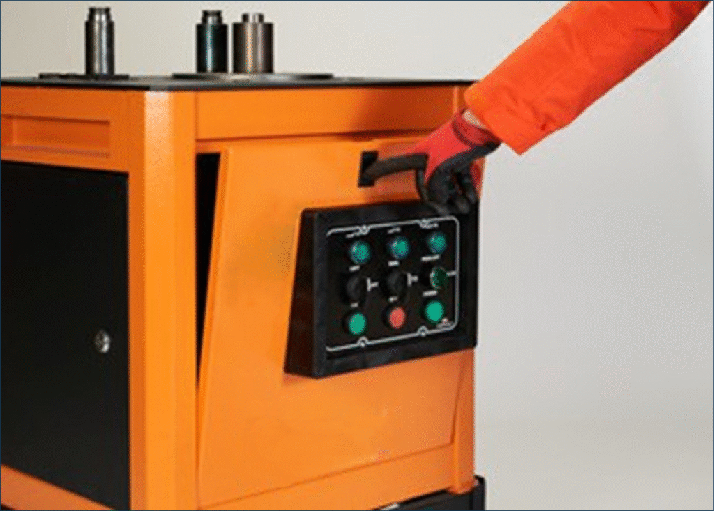 Rebar bending machine control panel with operator hand – safety and operation handle